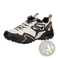 X111 lightweight off-road breathable hiking shoe in white and brown with black rubber sole and distinctive lacing system