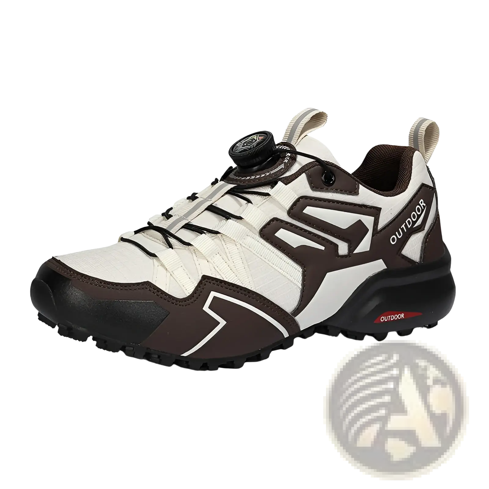 X111 lightweight off-road breathable hiking shoe in white and brown with black rubber sole and distinctive lacing system