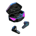 Black x15 wireless gaming earbuds with teal accents and hexagonal pink led charging case for low latency music listening in-ear style
