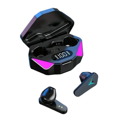 Black x15 wireless gaming earbuds with teal accents and hexagonal pink led charging case for low latency music listening in-ear style