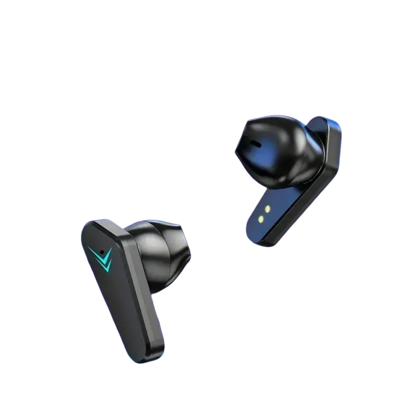 Black x15 wireless gaming earbuds with sleek ergonomic in-ear style design and glowing teal lights for low latency use