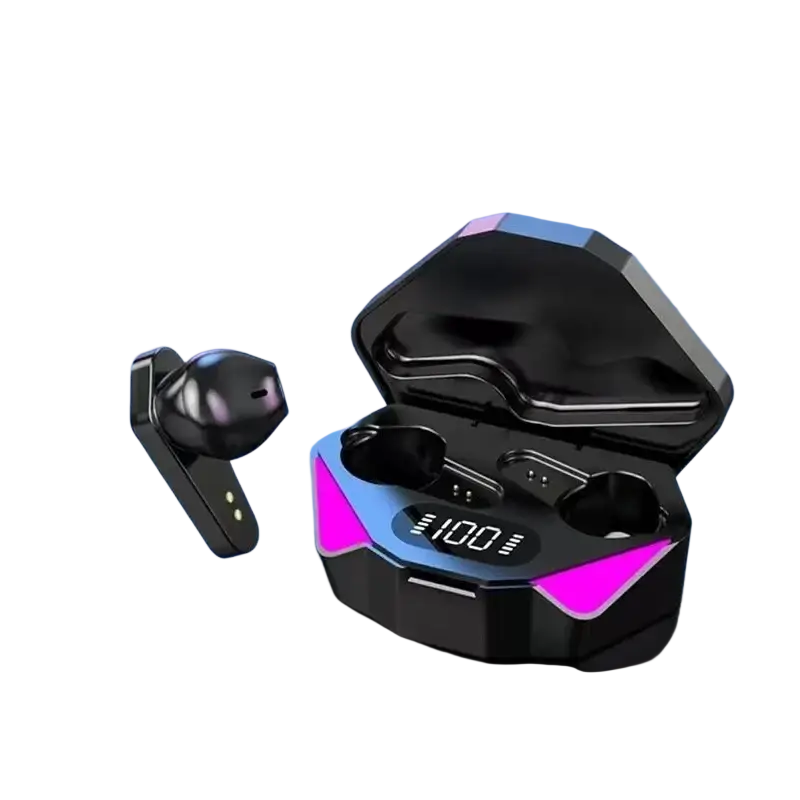 Black x15 wireless gaming earbuds low latency in-ear style with sleek angular case and pink led battery display for music listening