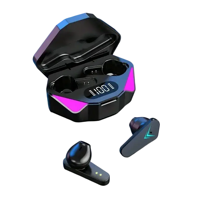 Black and blue x15 wireless gaming earbuds with pink led accents in in-ear style low latency charging case at 100%