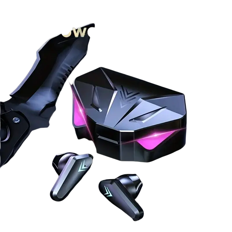 Black geometric charging case with glowing pink led accents for x15 wireless gaming earbuds low latency in-ear style music listening