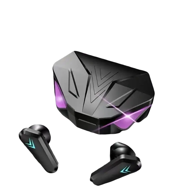 Black x15 wireless gaming earbuds low latency in-ear style with sleek angular design and glowing purple led charging case