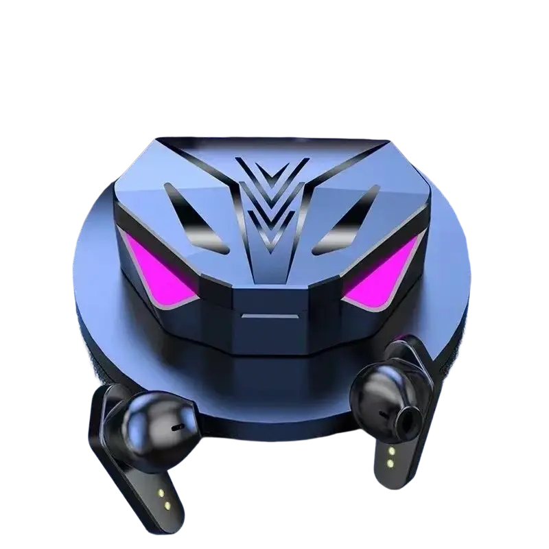 Black and pink x15 wireless gaming earbuds in-ear style with low latency and a futuristic charging case with purple led accents