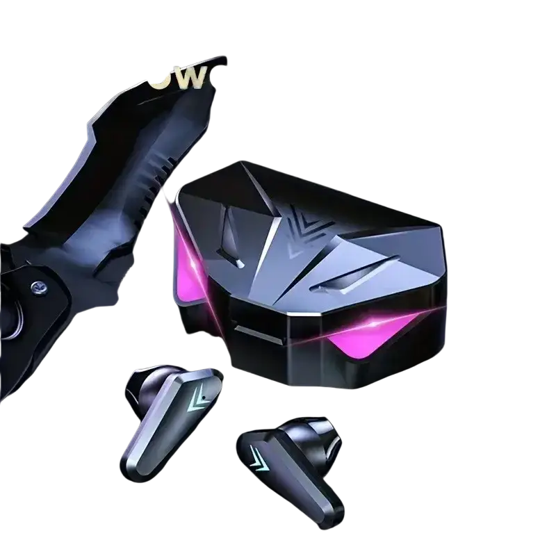 Black and pink geometric design low latency wireless gaming earbuds with matching charging case in-ear style
