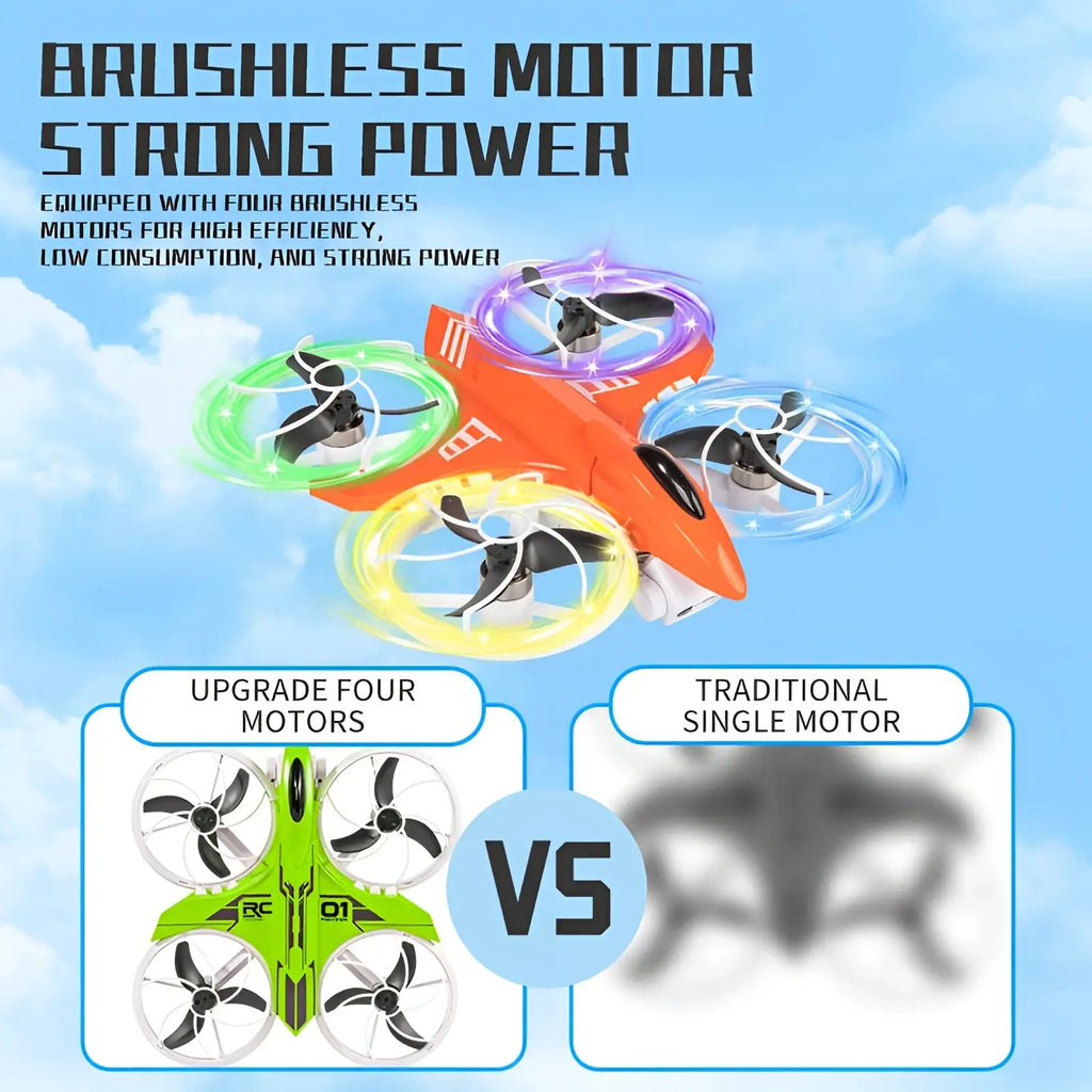 Orange x3 led quadcopter drone with four glowing green purple blue and yellow propellers and 2.8 inch screen control