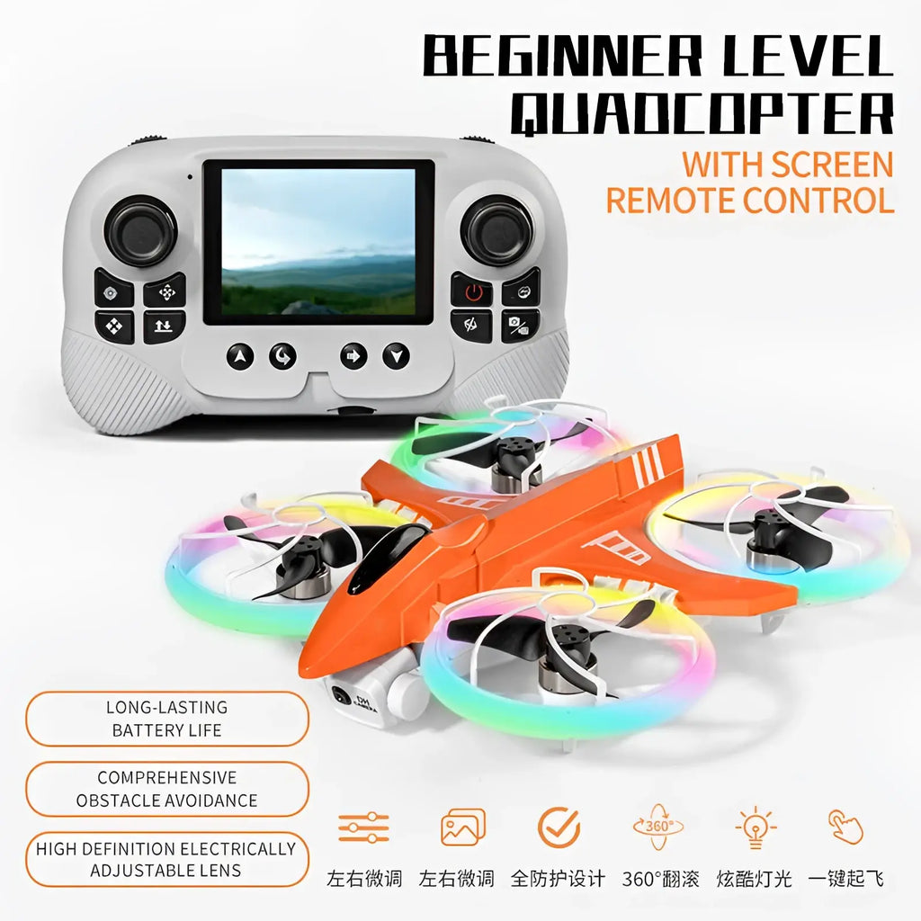 Orange beginner-level x3 led quadcopter drone with rainbow led lights on propellers and 2.8 inch screen remote control