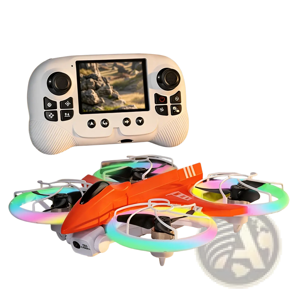 Orange and white x3 led quadcopter drone with rainbow led propellers and white remote control with 2.8 inch screen