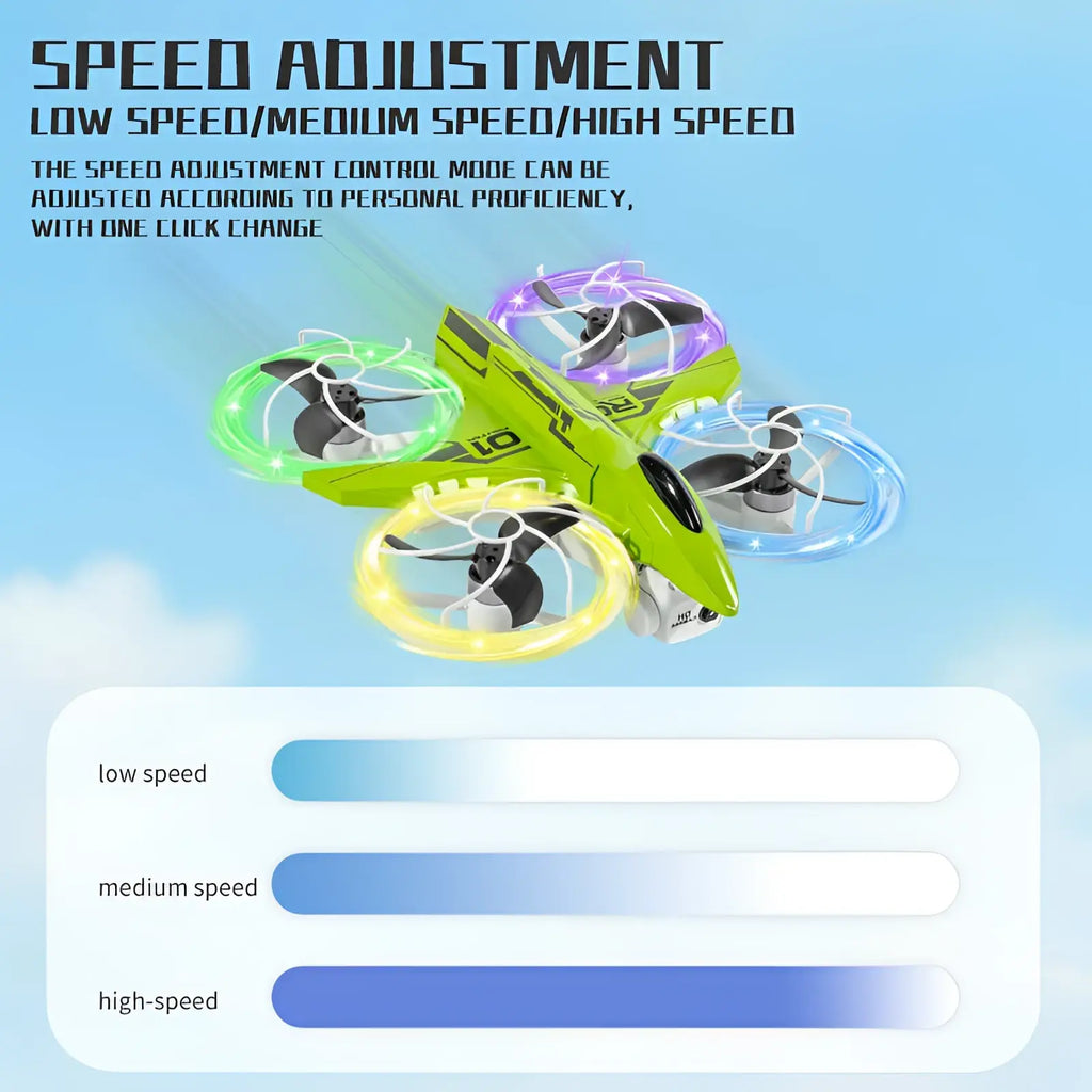 Vibrant lime green x3 led quadcopter drone with glowing purple blue and yellow propellers and 2.8 inch screen control