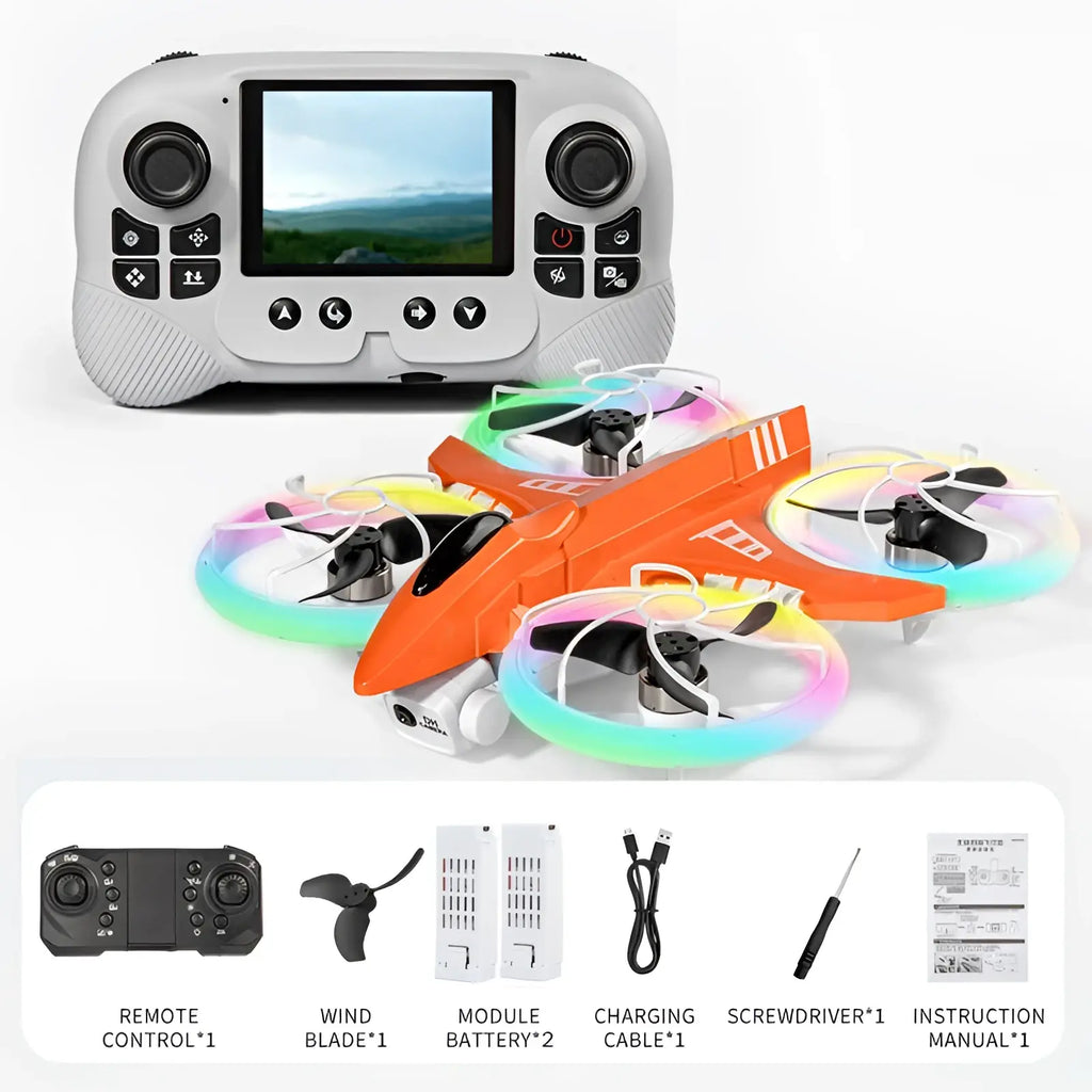Orange x3 led quadcopter drone with black blades and rainbow-colored propeller lights controlled by 2.8 inch screen