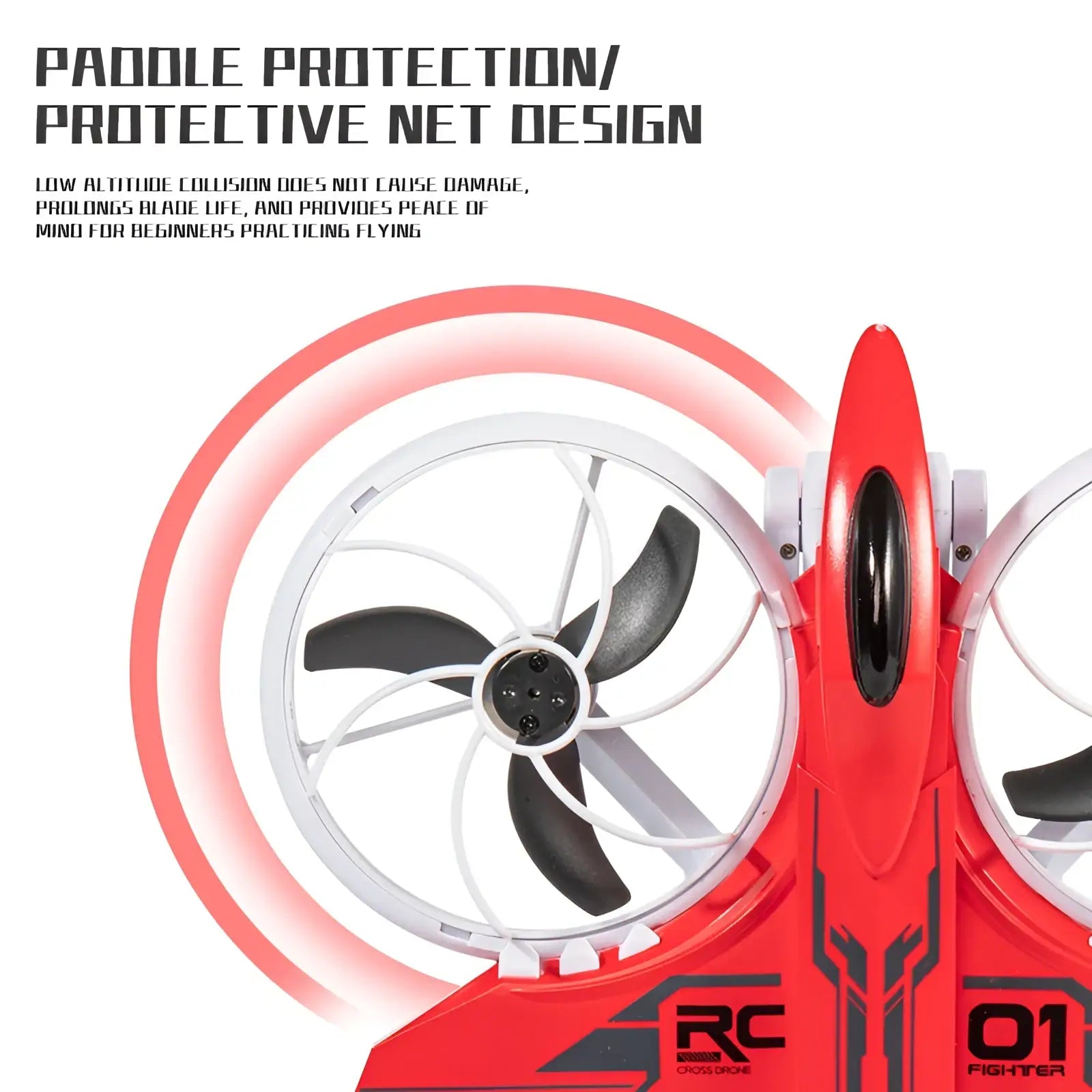 Red and black x3 led quadcopter drone with protective net design around propellers and 2.8 inch screen control