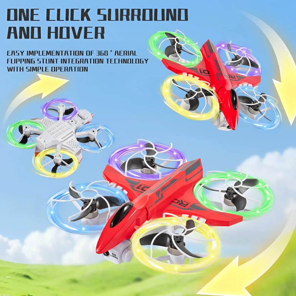 Red and white x3 led quadcopter drones with glowing led rings around propellers and 2.8 inch screen control