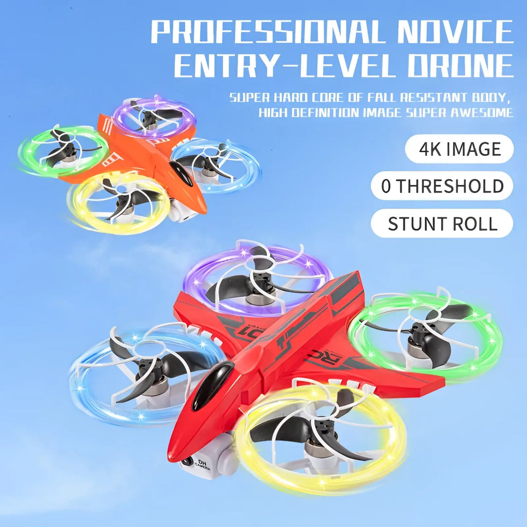 Red and black x3 led quadcopter drone with glowing colored propellers and 2.8 inch screen control display