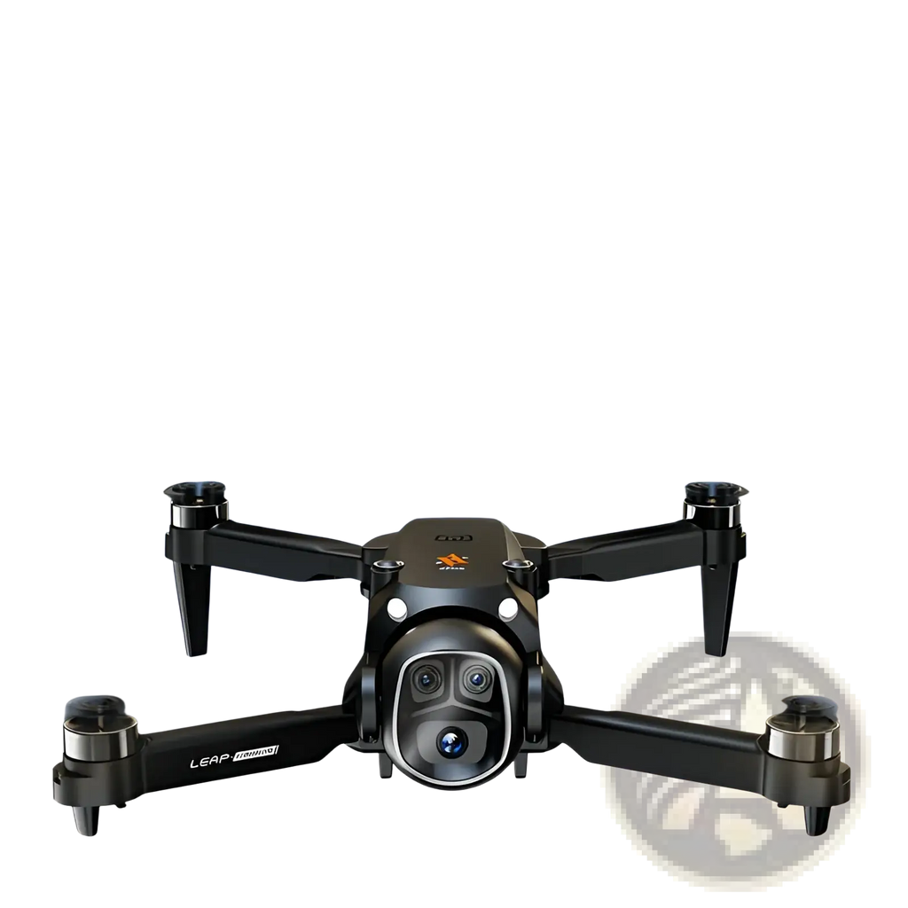 Black leap x5 camera drone with four propellers central camera housing and dual battery system visible from top angle