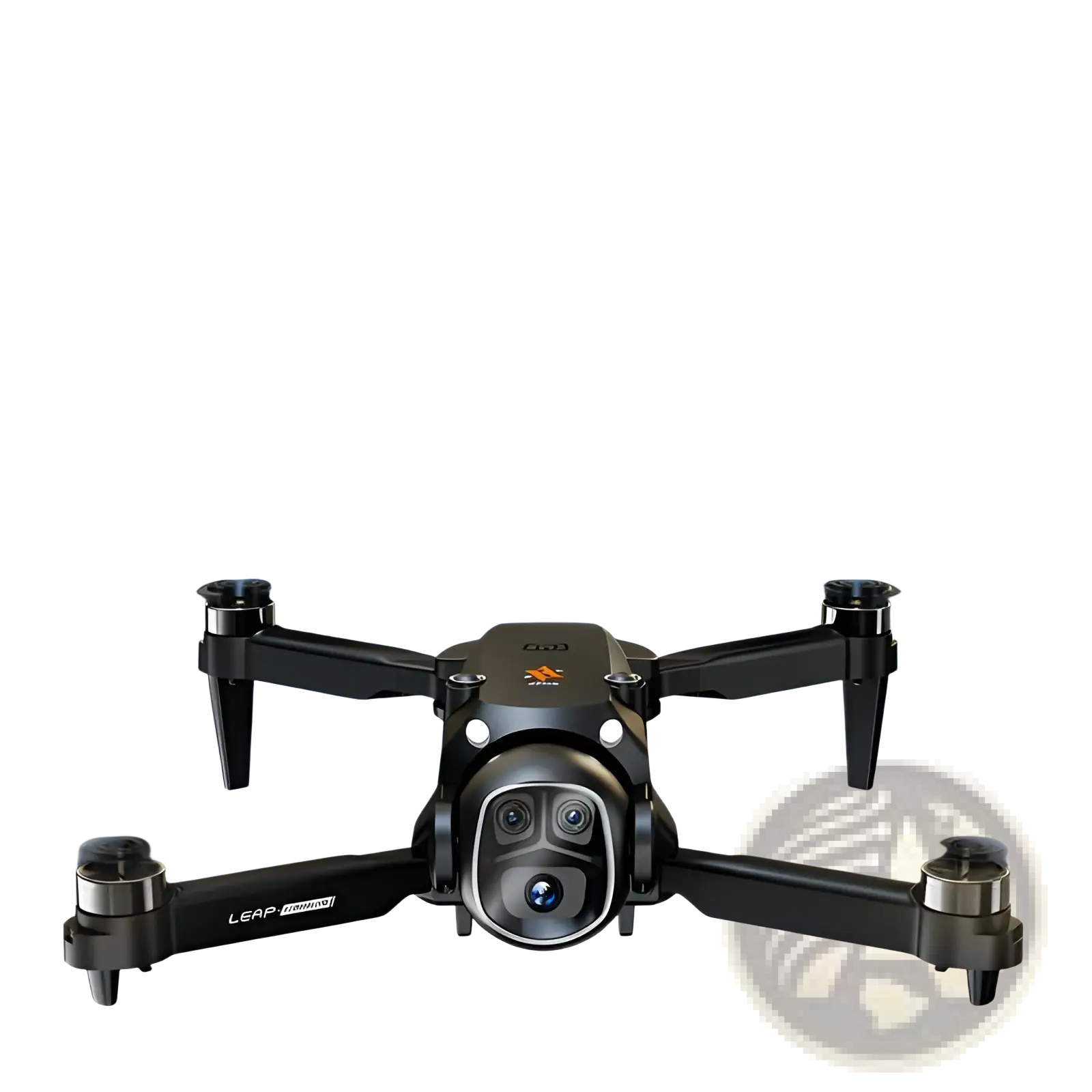 Black leap x5 camera drone with four propellers central camera housing and dual battery system visible from top angle