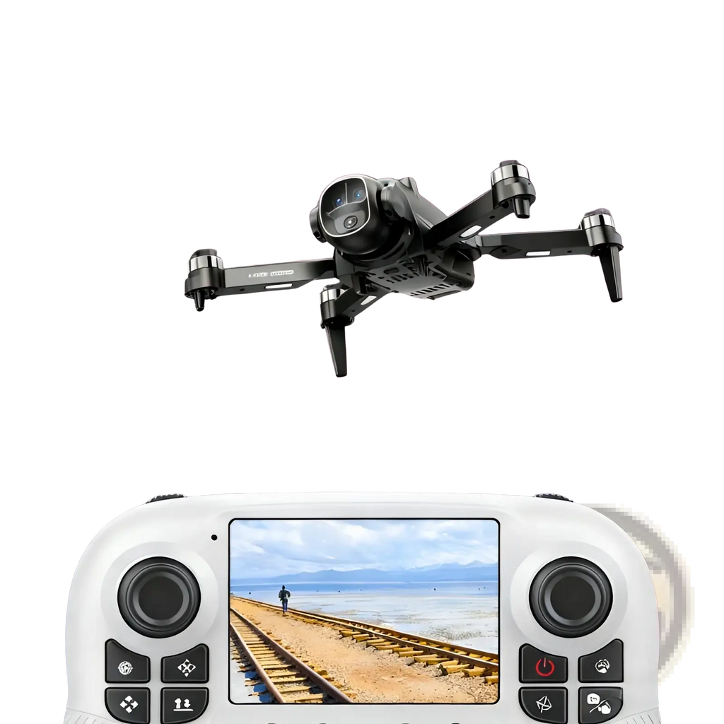 Black X5 camera drone with dual battery and white remote control featuring a screen displaying a scenic view