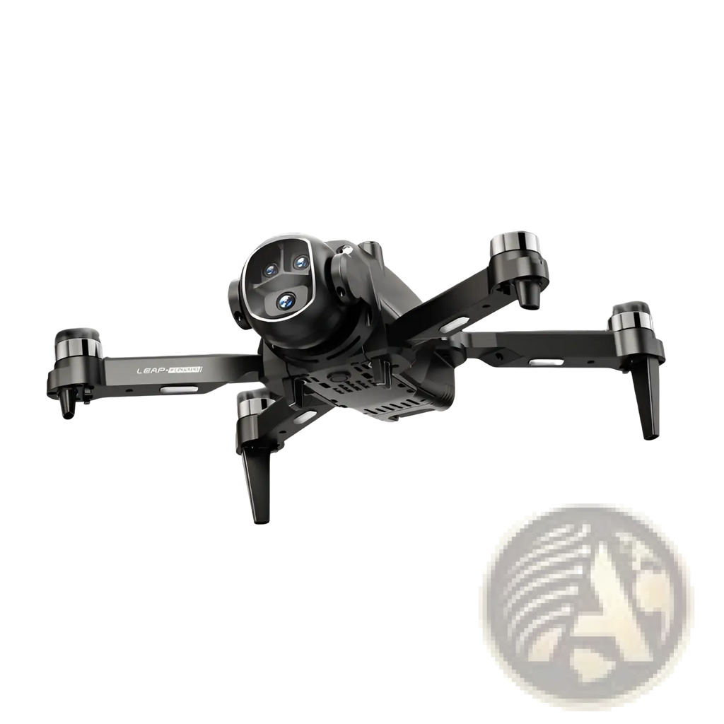 Black x5 camera drone quadcopter with a three-lens camera housing and screen remote dual battery system