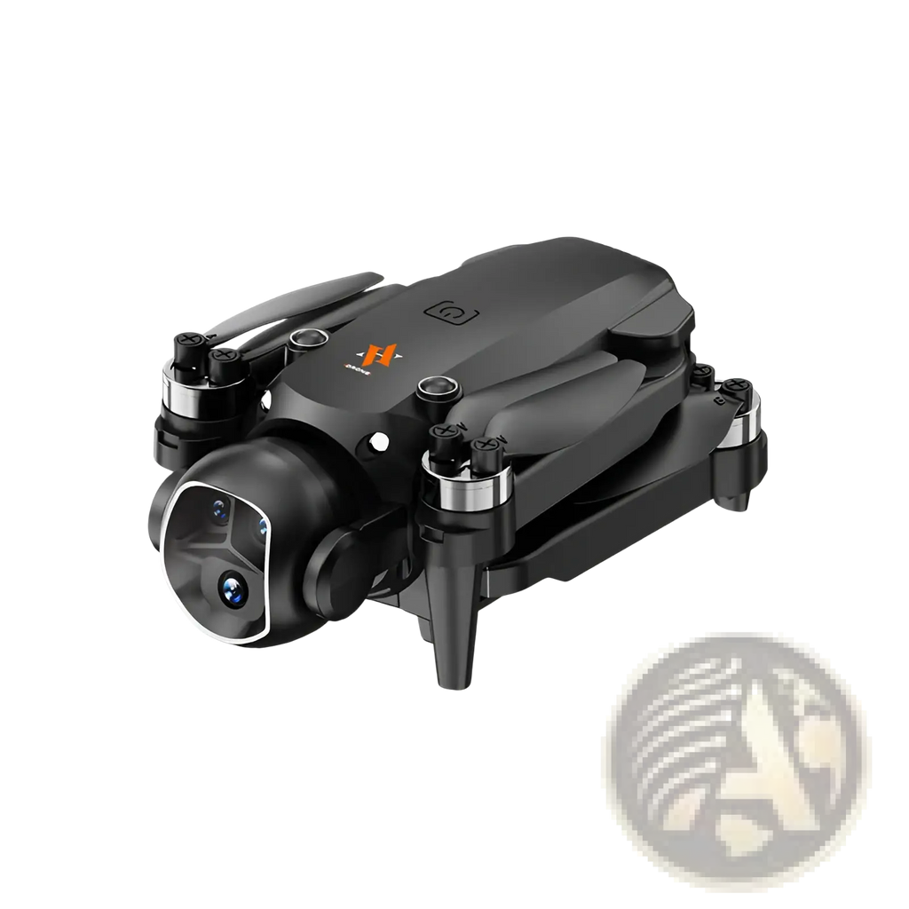 Black foldable x5 camera drone with prominent lens and orange logo featuring screen remote and dual battery system