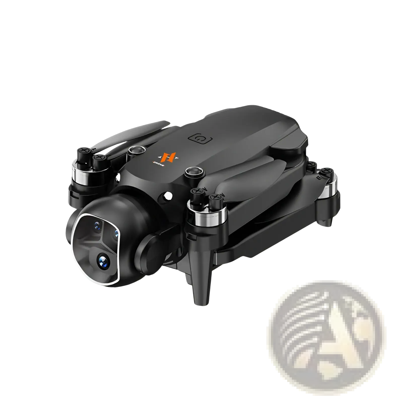 Black foldable x5 camera drone with prominent lens and orange logo featuring screen remote and dual battery system