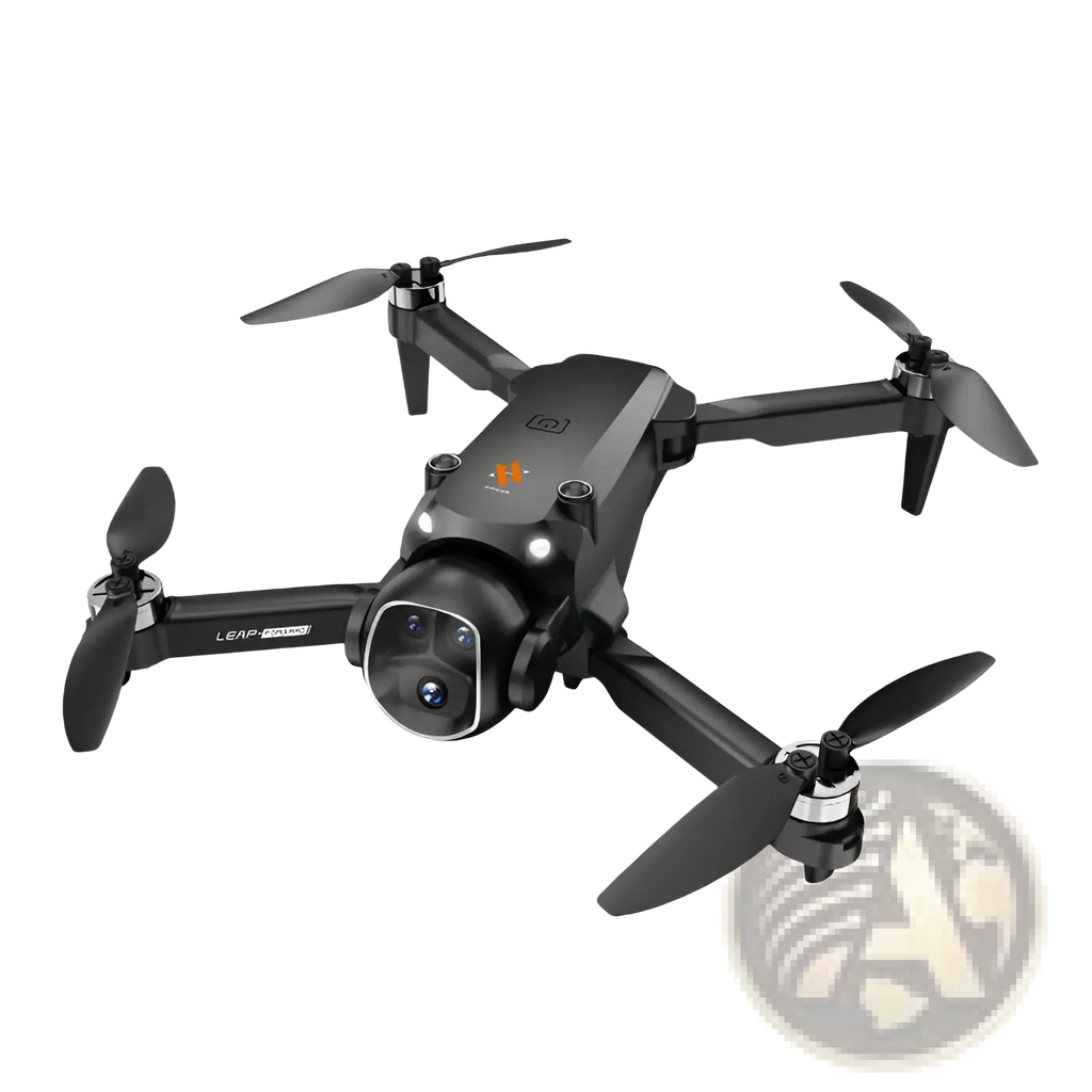 Black x5 camera drone with prominent camera housing and orange logo on top shown with screen remote and dual battery