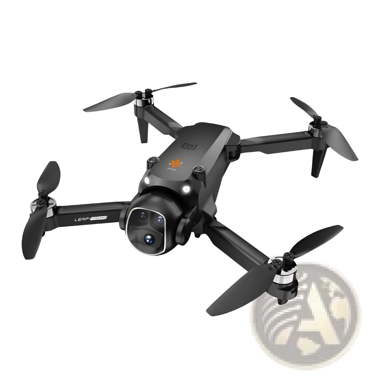 Black x5 camera drone with prominent camera housing and orange logo on top shown with screen remote and dual battery
