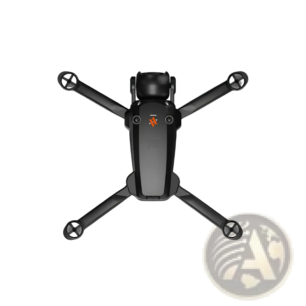 Black x5 camera drone quadcopter with four spinning propellers and central camera housing with screen remote and dual battery