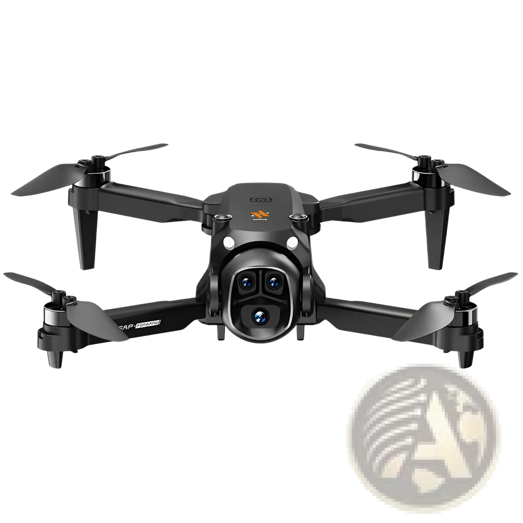Black x5 camera drone with prominent camera system, four propellers, screen remote, and dual battery setup