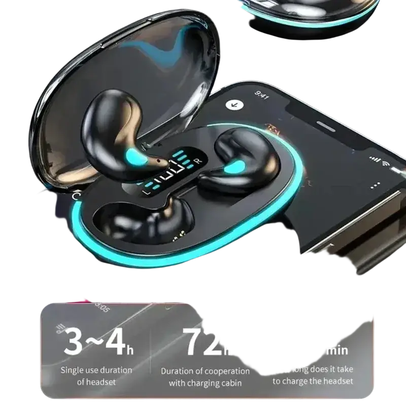 X55 TWS wireless Bluetooth earbuds in black with teal LED lighting inside a sleek glossy charging case