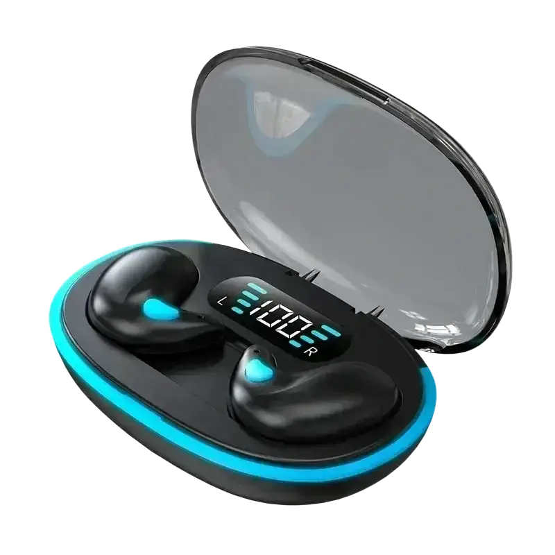 Black x55 tws wireless bluetooth earbuds with blue led lighting and digital display on oval charging case