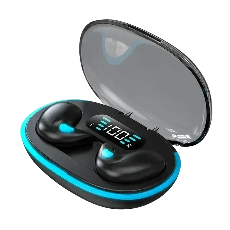 Black x55 tws wireless bluetooth earbuds with blue led lighting and digital display on the charging case