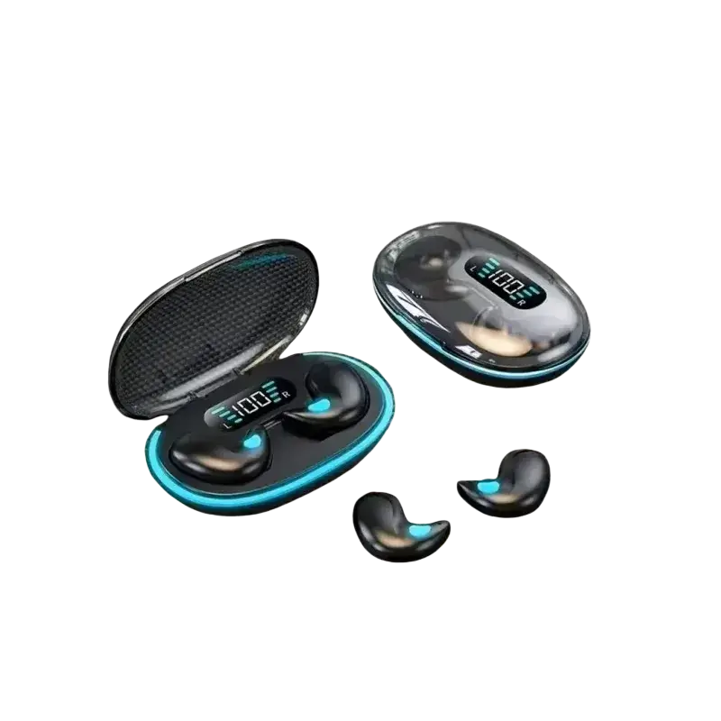 Black x55 tws wireless bluetooth earbuds with teal led accents shown inside their sleek oval charging case