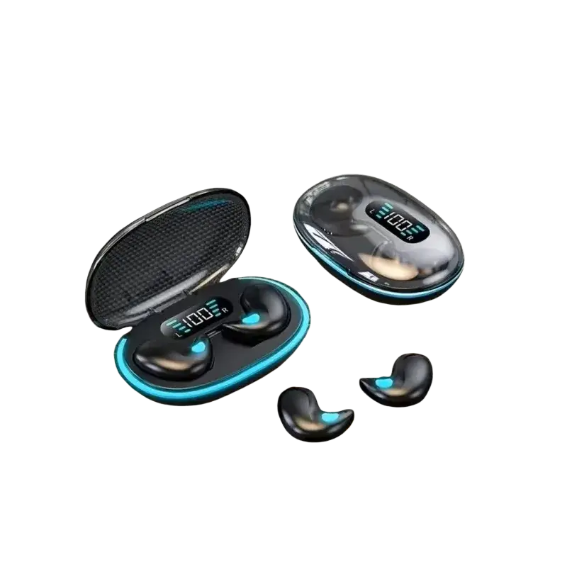 Black x55 tws wireless bluetooth earbuds with blue accent lighting in a sleek charging case