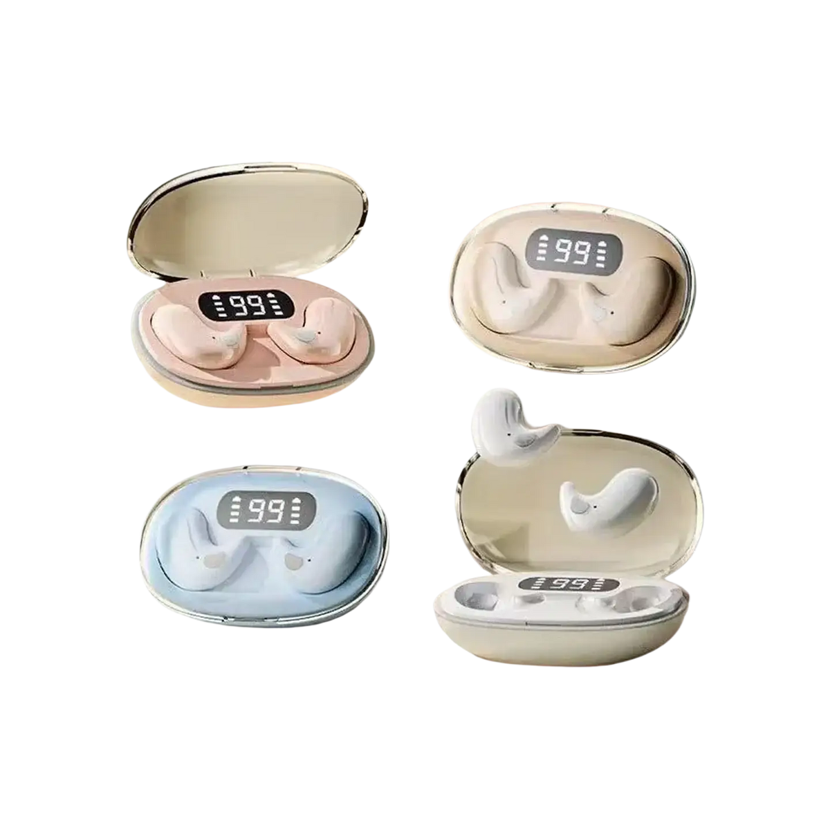 X55 Tws wireless Bluetooth earbuds black in pastel-colored sleek oval charging cases with metallic edges and digital displays