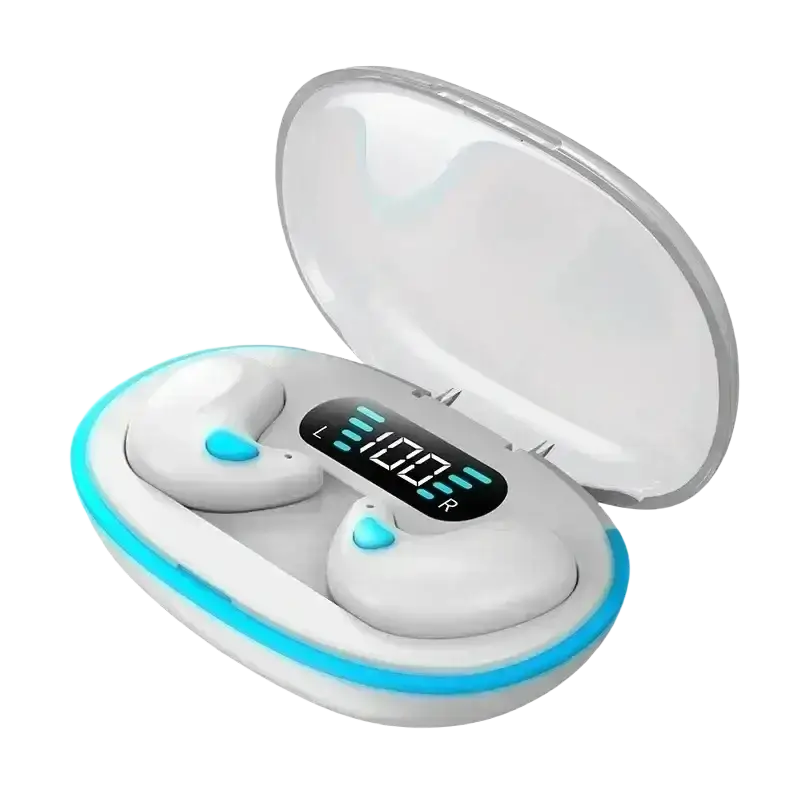 White x55 tws wireless bluetooth earbuds with blue accents in a sleek charging case featuring an illuminated display