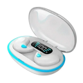 White x55 tws wireless bluetooth earbuds with blue accents in a sleek charging case featuring an illuminated display