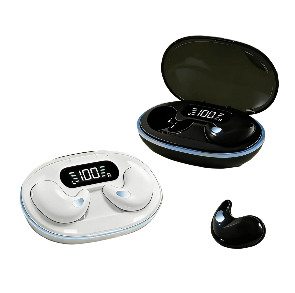 X55 Tws wireless Bluetooth earbuds in white and black with ergonomic design and digital display charging cases