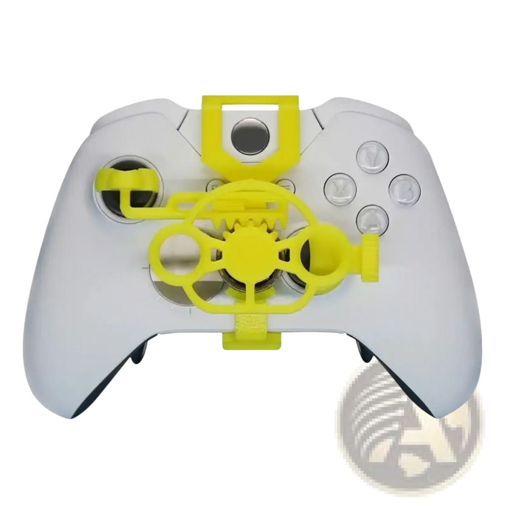 Bright yellow plastic xbox mini racing steering wheel attachment mounted on white xbox controller front side