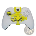 Bright yellow plastic xbox mini racing steering wheel attachment mounted on white xbox controller front side