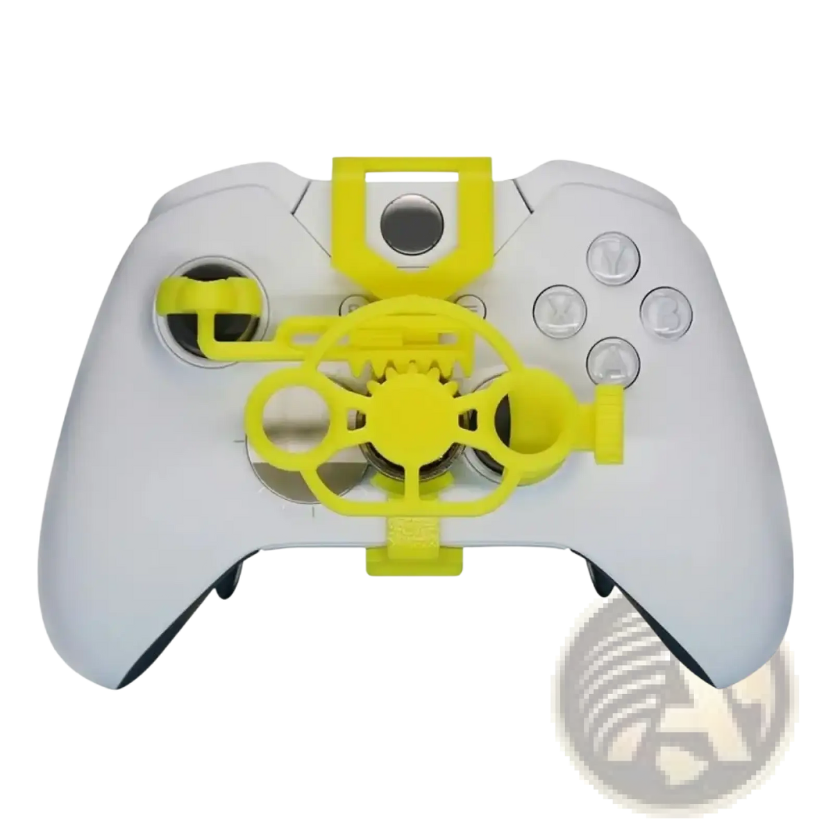 Bright yellow plastic xbox mini racing steering wheel attachment mounted on white xbox controller front side