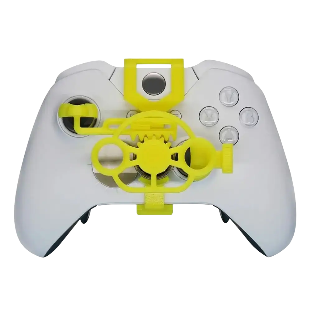 Bright yellow plastic xbox mini racing steering wheel attachment mounted on white xbox controller front side