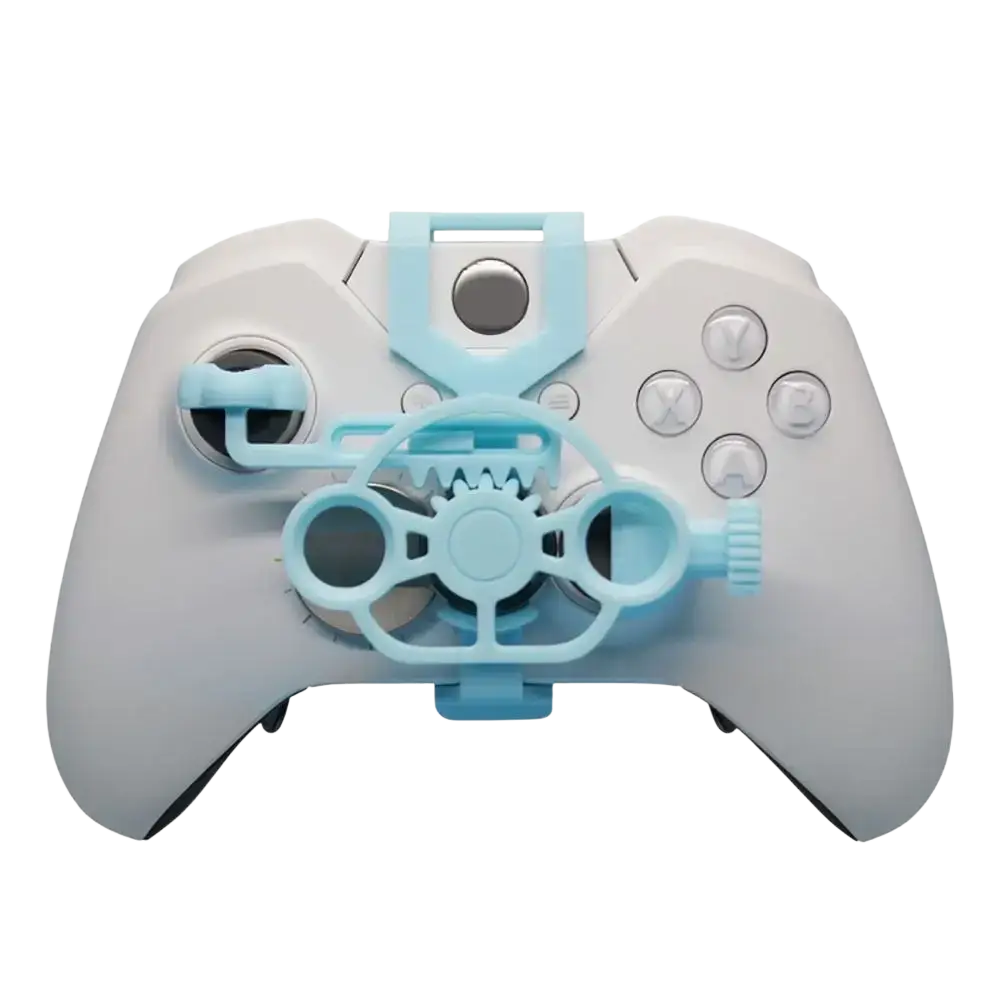 Light blue plastic gear-themed xbox mini racing steering wheel attachment mounted on a white xbox controller