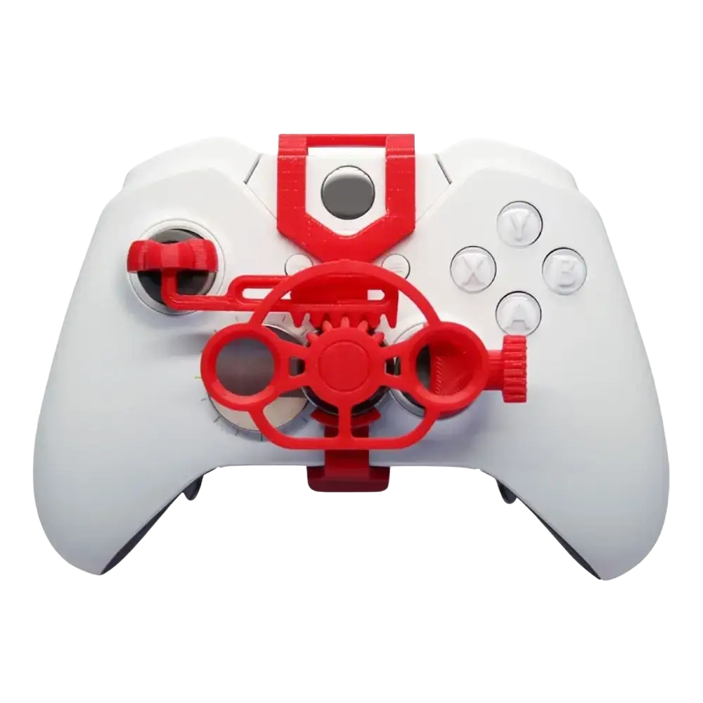 Red gear-themed mini racing steering wheel attachment mounted on white xbox controller for enhanced gameplay control