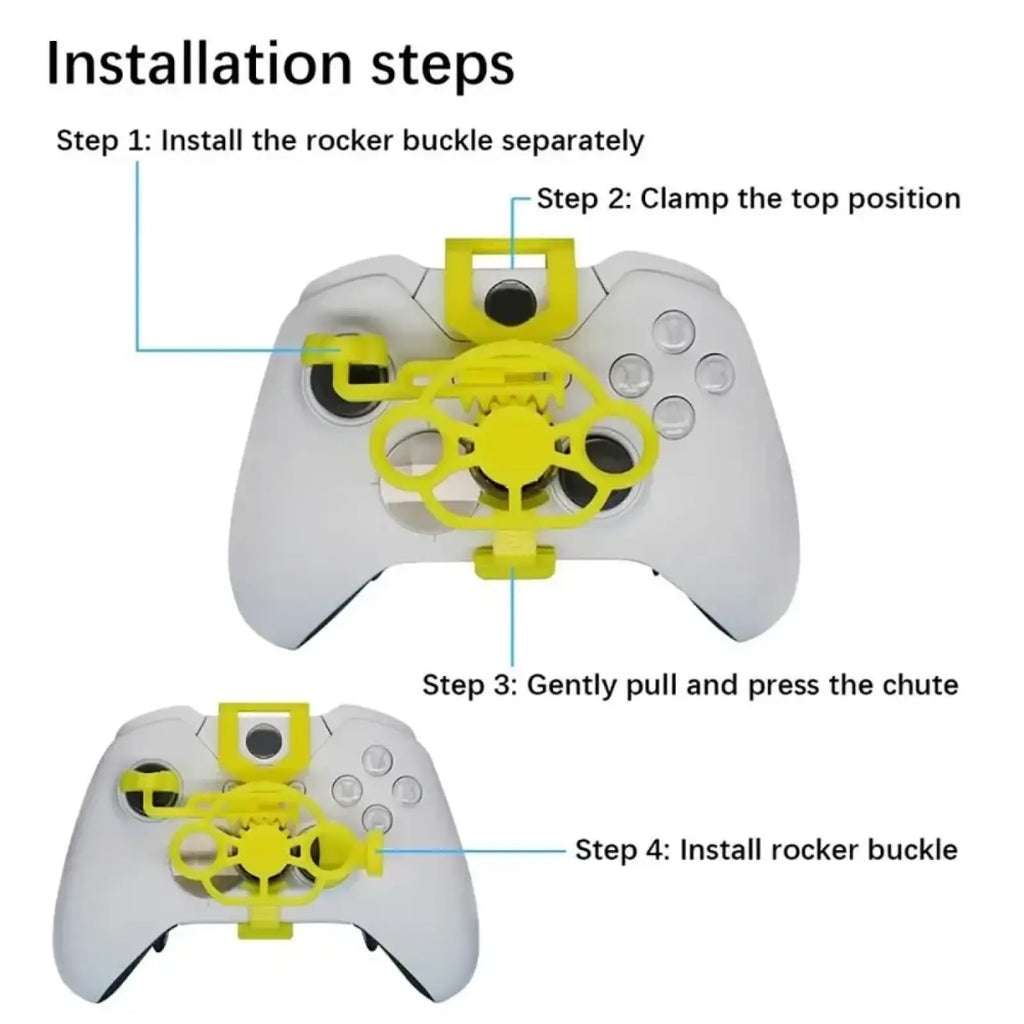 Yellow plastic drone mount for xbox controller shown from the back in xbox mini racing steering wheel attachment product