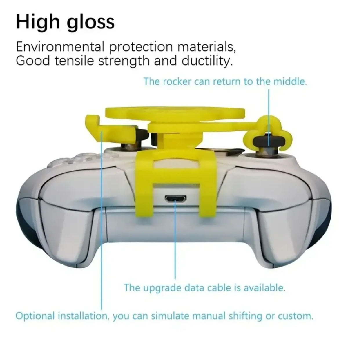 Yellow plastic rocker controller attachment for white xbox console designed as a mini racing steering wheel attachment