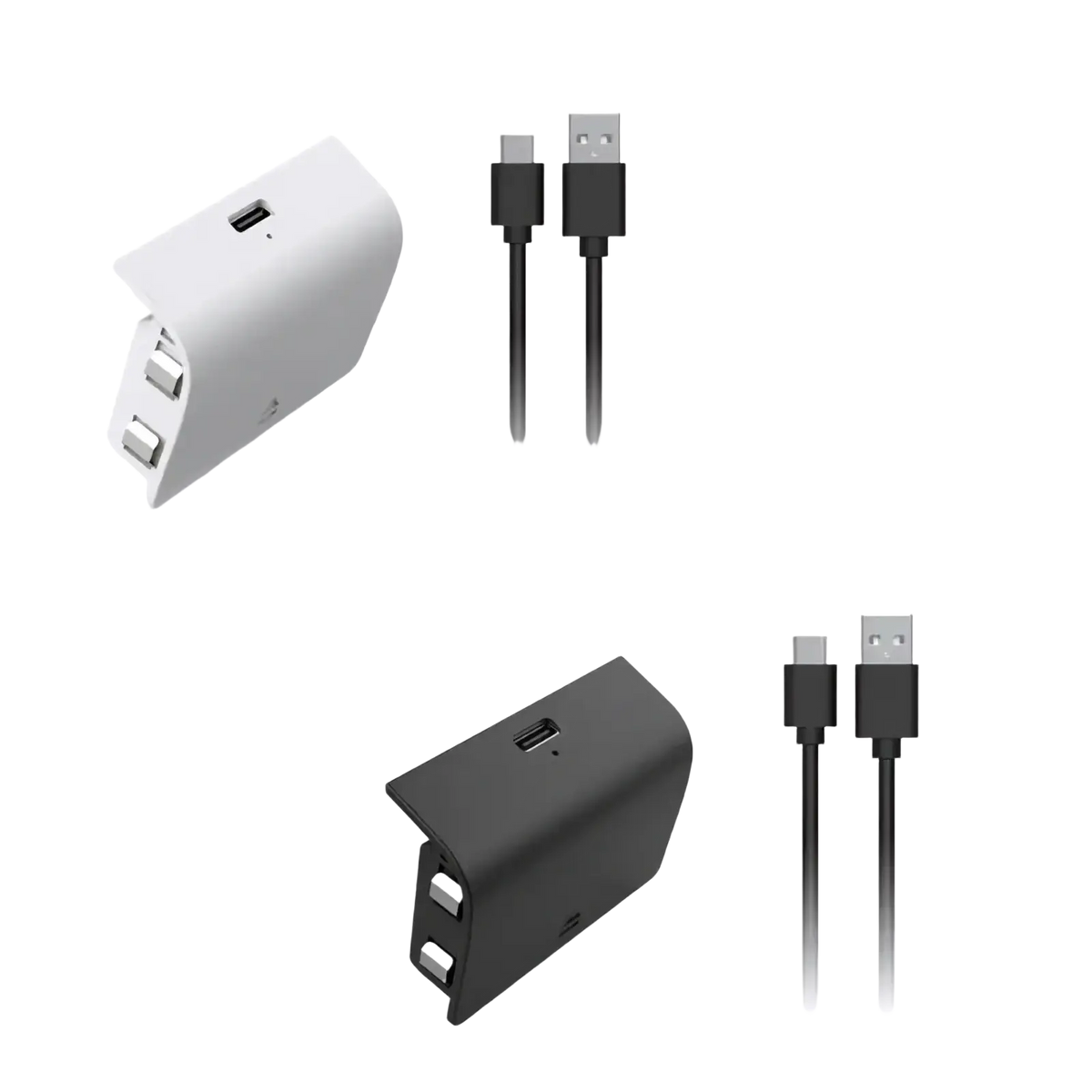 White and black Xbox Series S rechargeable battery pack wireless charging base with USB ports and matching charging cables