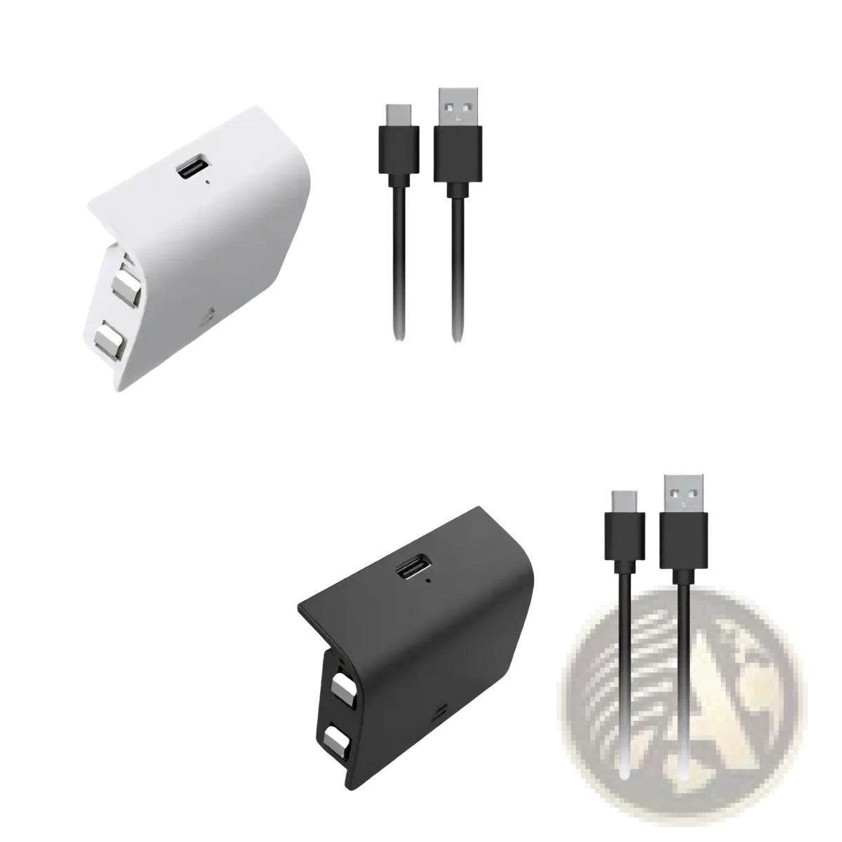 White and black Xbox Series S rechargeable battery pack wireless charging base with USB ports and matching charging cables