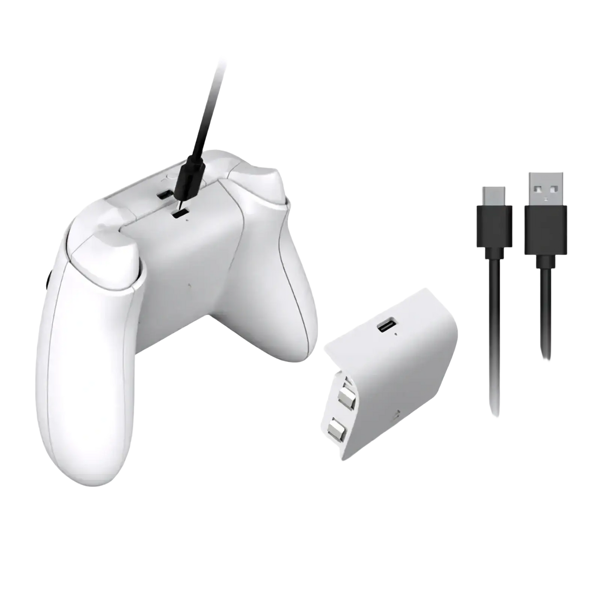 White xbox series s rechargeable battery pack with controller charging dock and usb cables for convenient power-up