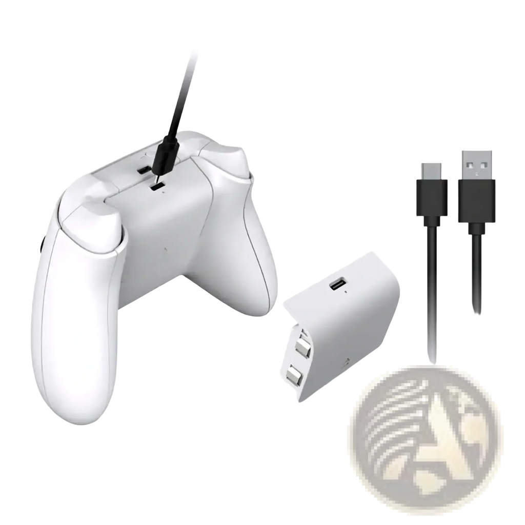 White xbox series s rechargeable battery pack with controller charging dock and usb cables for convenient power-up